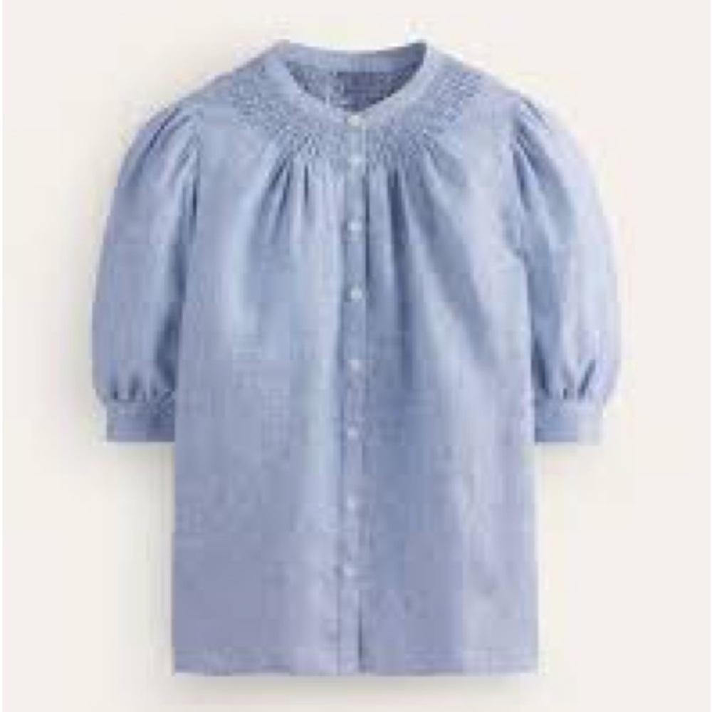 Boden Light Blue Smocked Button-Front Blouse